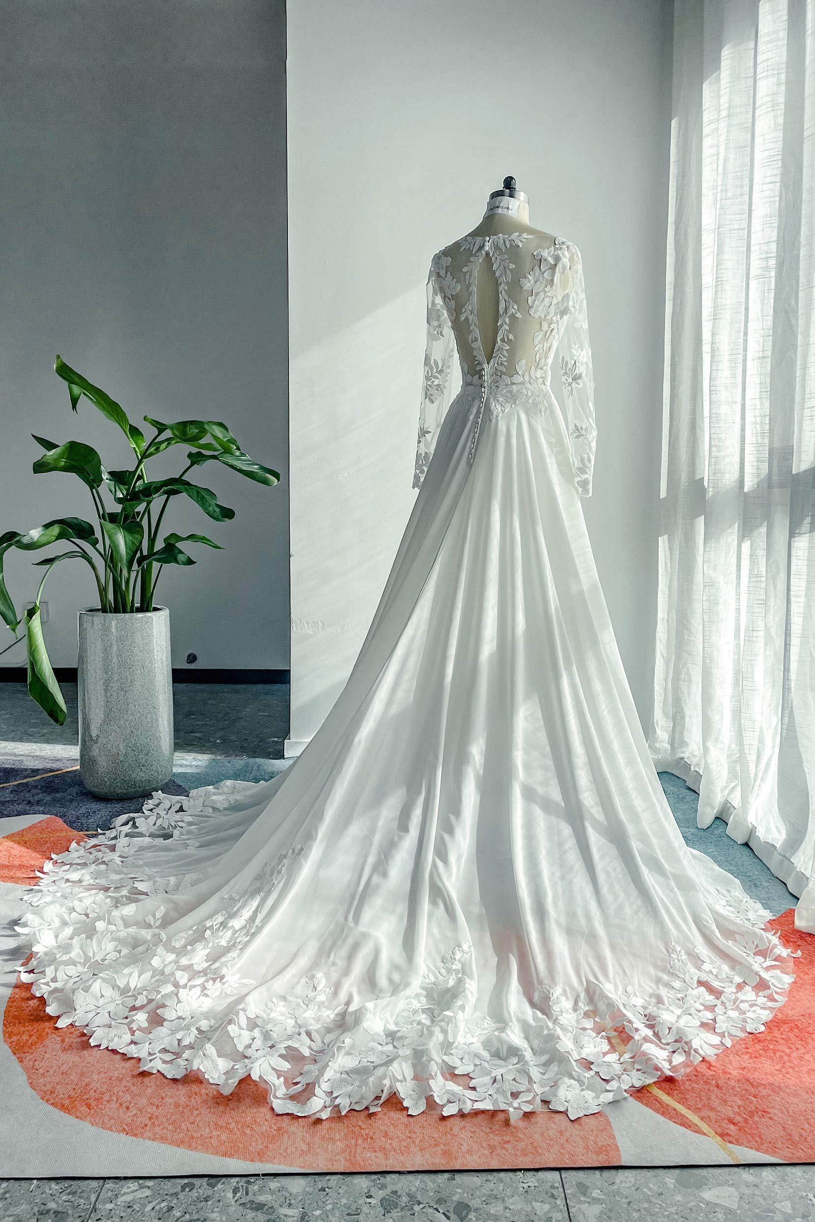 A-Line Court Train Lace Chiffon Wedding Dress CW3163 - COCOMELODY