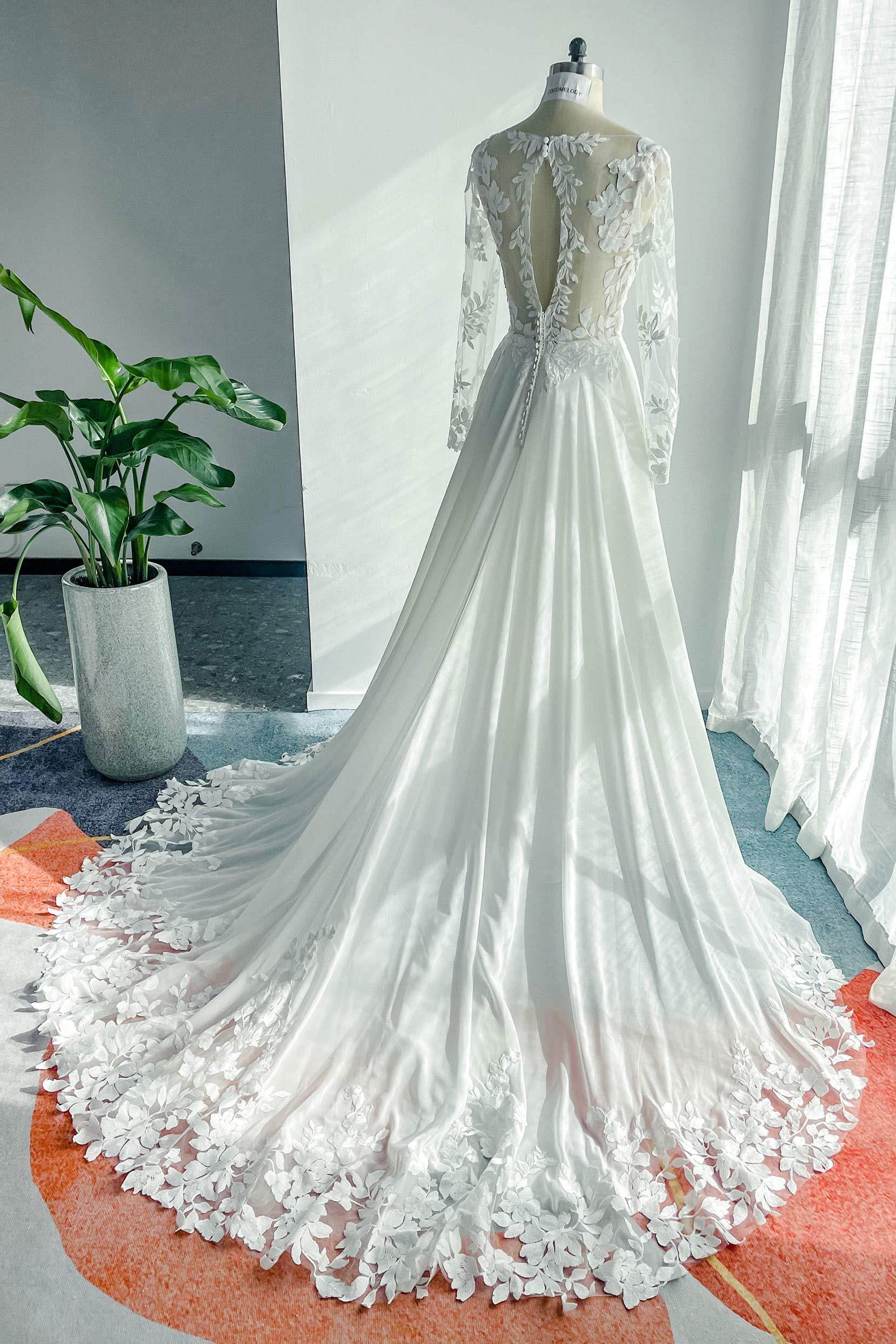 A-Line Court Train Lace Chiffon Wedding Dress CW3163 - COCOMELODY