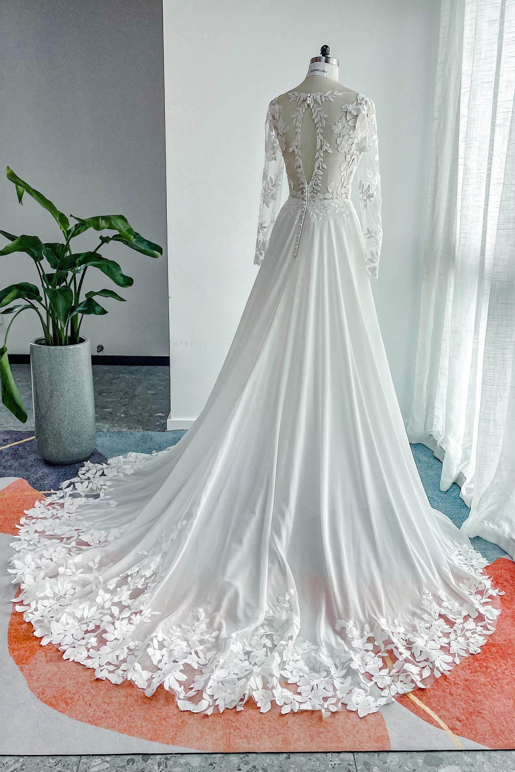 A-Line Court Train Lace Chiffon Wedding Dress CW3163 - COCOMELODY