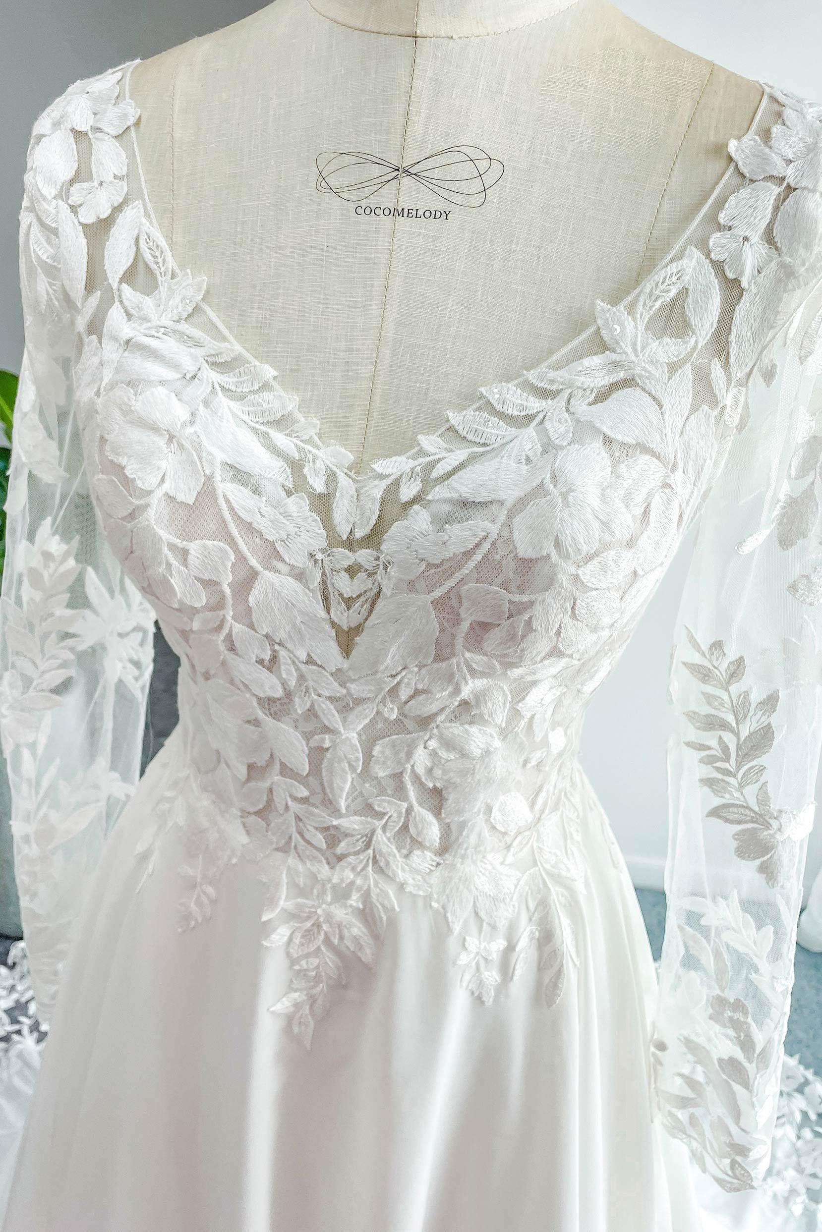 A-Line Court Train Lace Chiffon Wedding Dress CW3163 - COCOMELODY