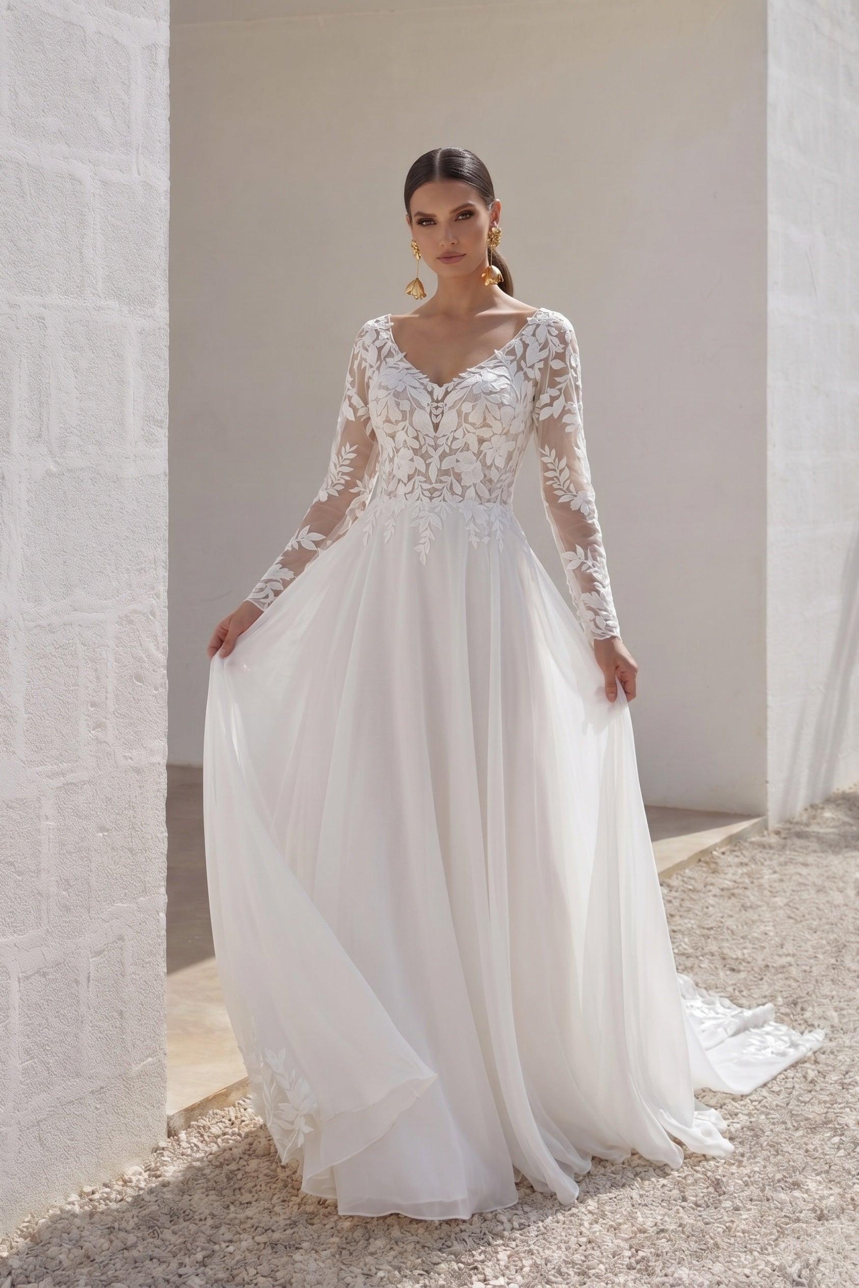 A-Line Court Train Lace Chiffon Wedding Dress CW3163CR - 3 Days / As Picture:Ivory / US8-UK10-EUR38 - COCOMELODY