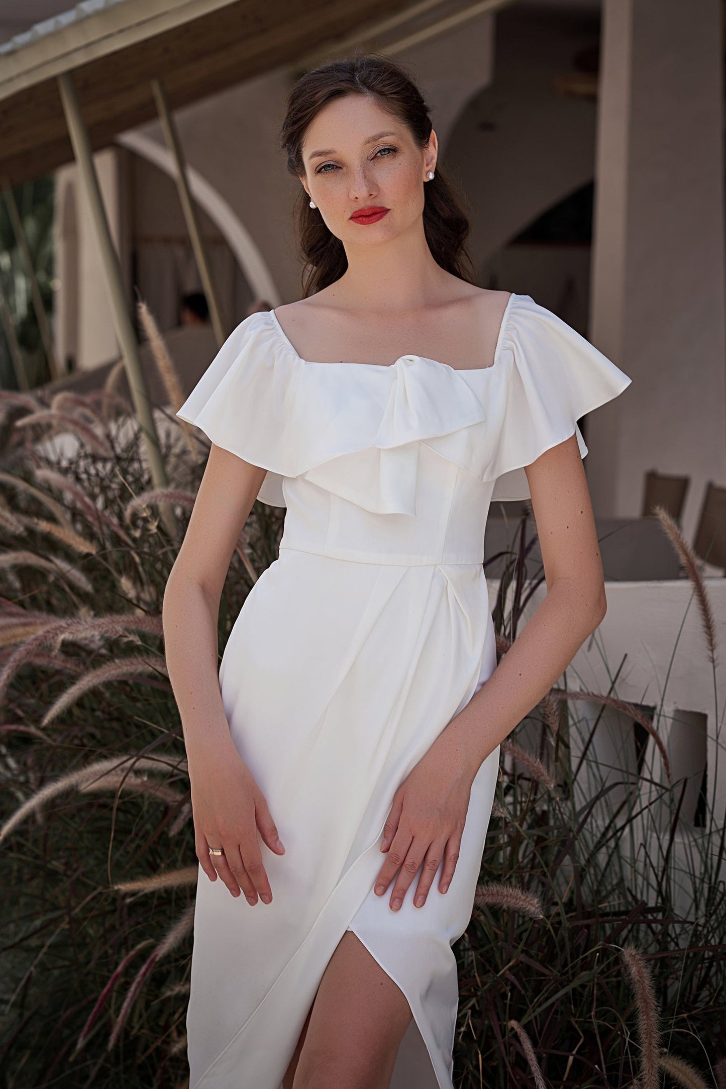 Sheath-Column Ankle Length Silk Blend Wedding Dress CW3177