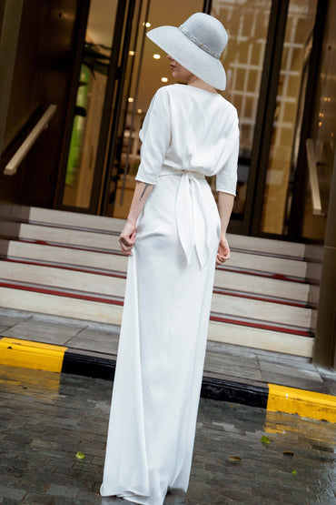 Sheath-Column Floor Length Silk Blend Wedding Dress CW3178