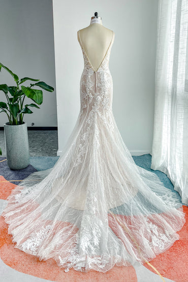 Trumpet-Mermaid Chapel Train Lace Tulle Wedding Dress CW3206