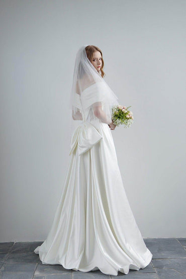 A-Line Sweep-Brush Train Satin Wedding Dress CW3208 - COCOMELODY