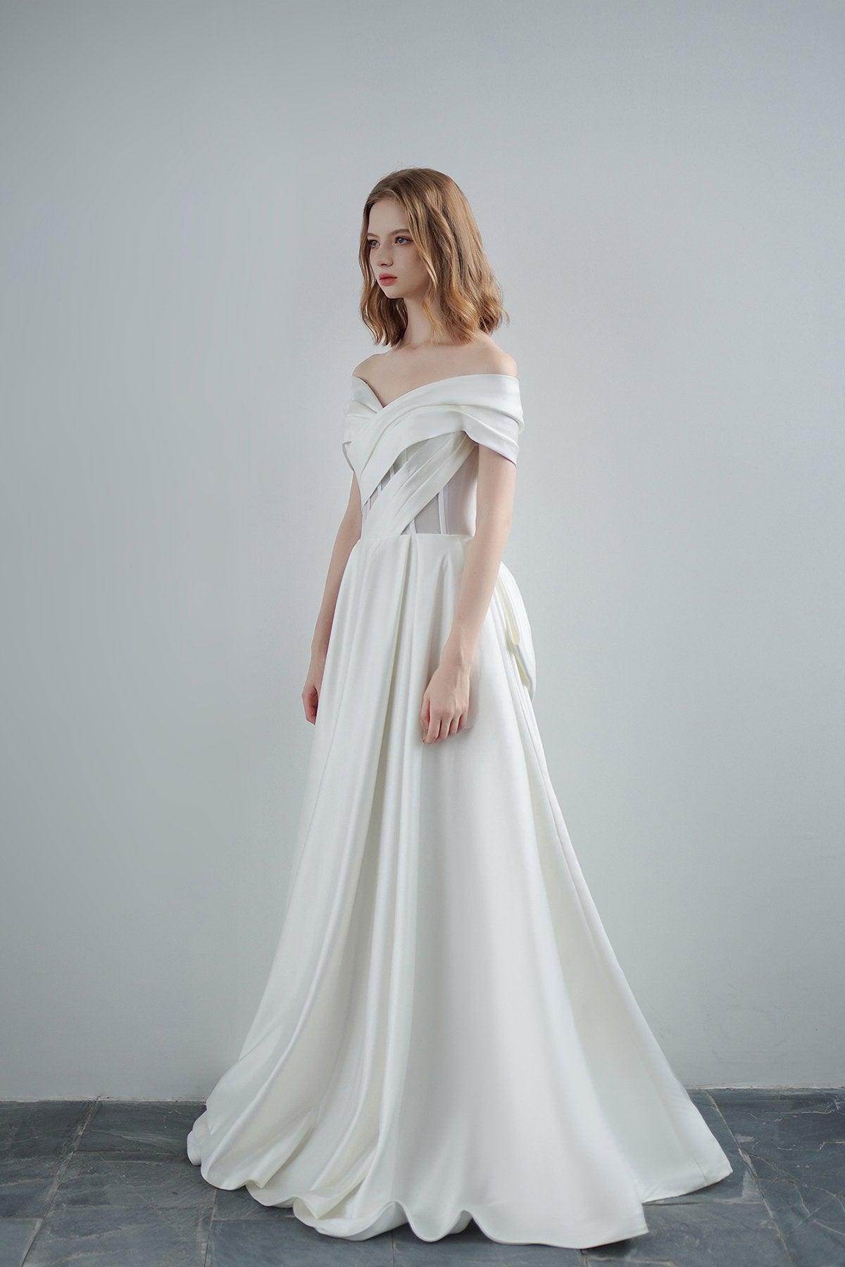 A-Line Sweep-Brush Train Satin Wedding Dress CW3208 - COCOMELODY