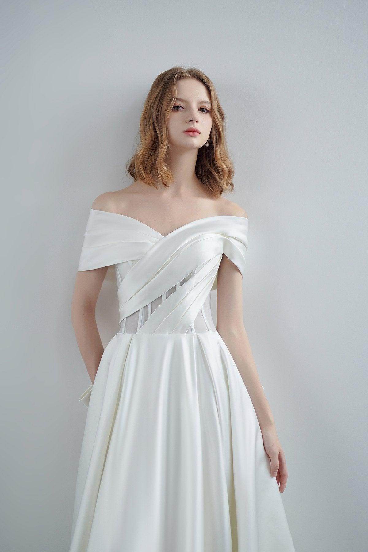 A-Line Sweep-Brush Train Satin Wedding Dress CW3208 - COCOMELODY