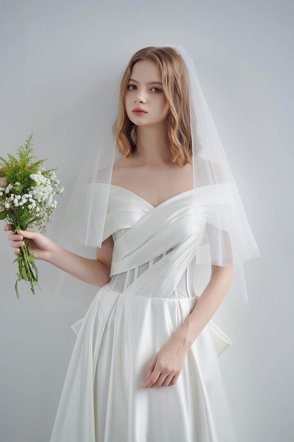 A-Line Sweep-Brush Train Satin Wedding Dress CW3208 - COCOMELODY