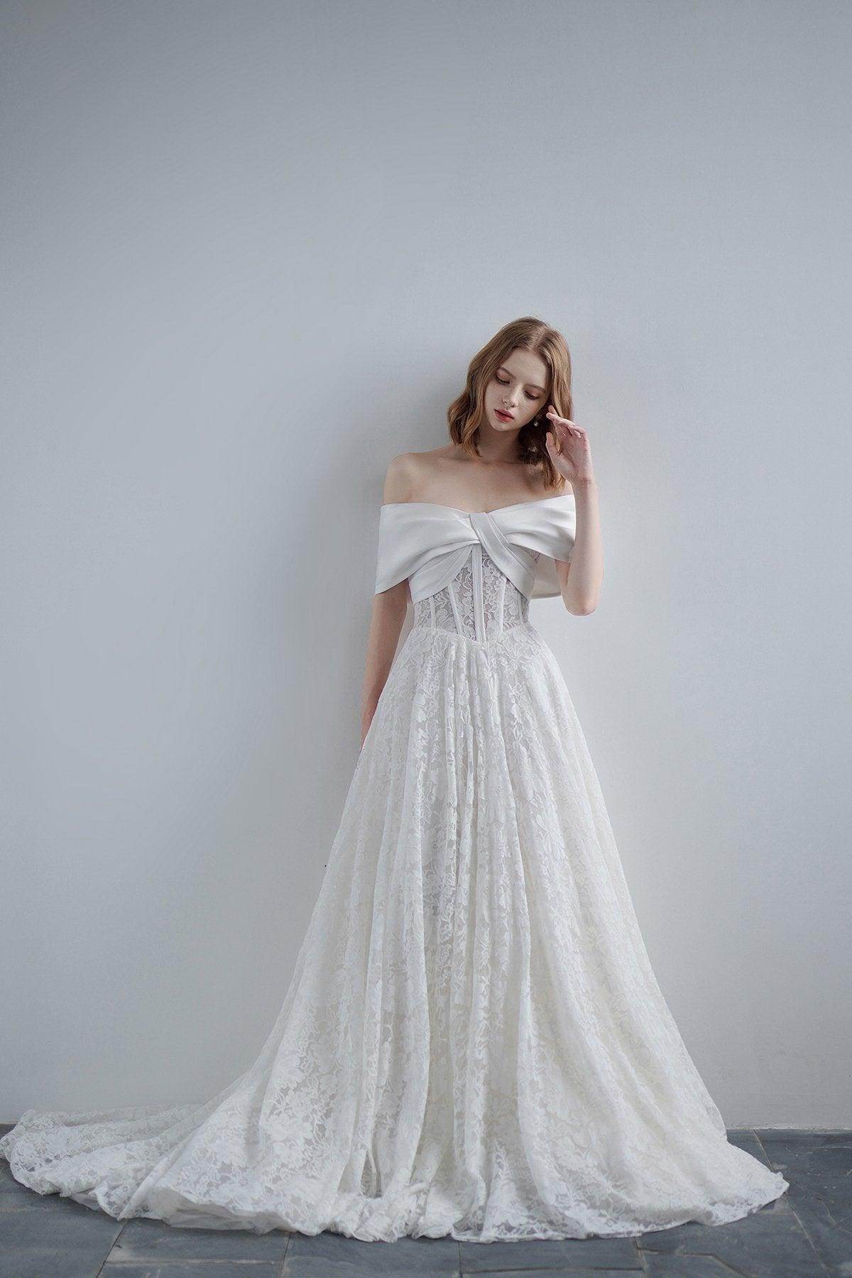 A-Line Sweep-Brush Train Satin Lace Wedding Dress CW3210 - COCOMELODY