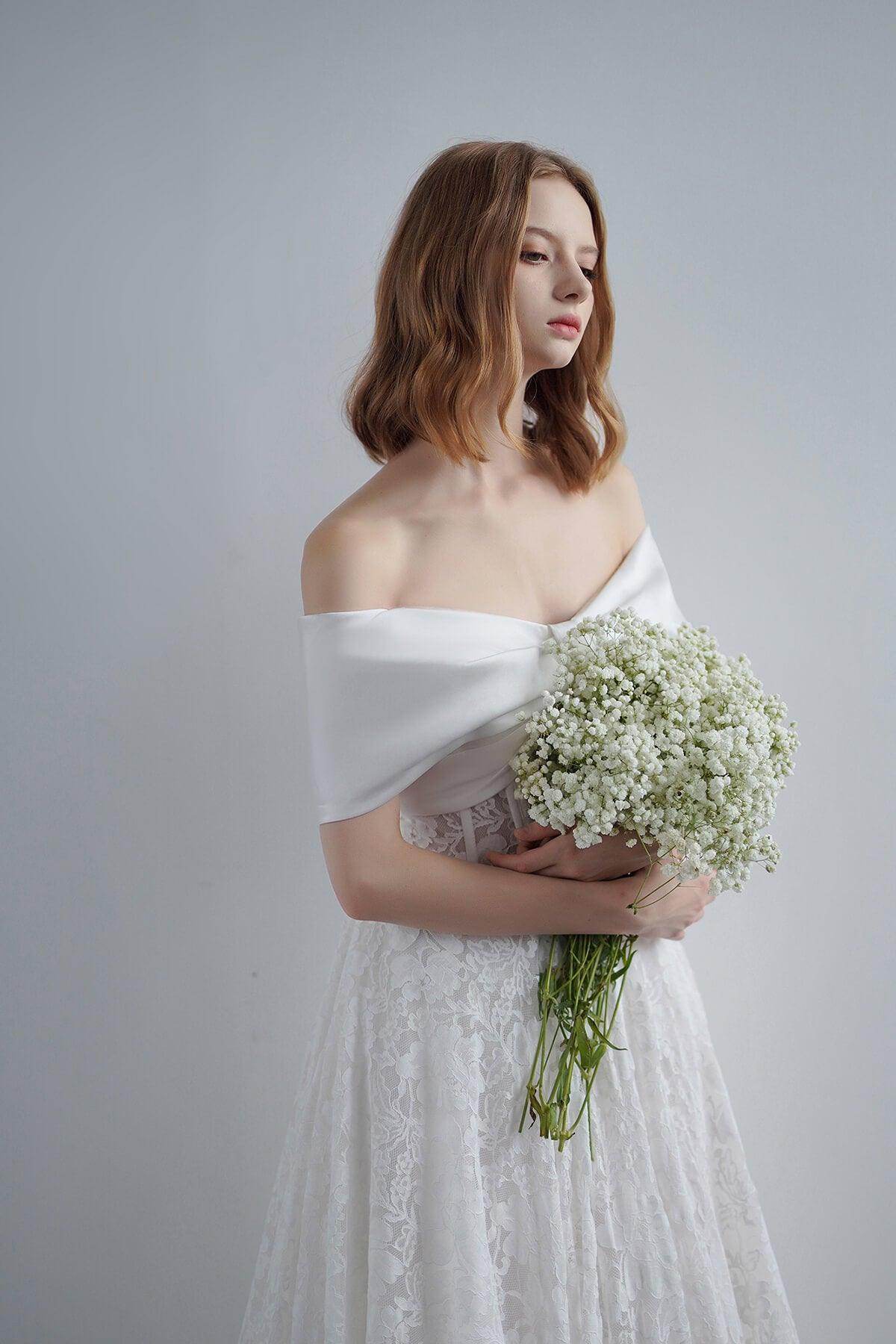 A-Line Sweep-Brush Train Satin Lace Wedding Dress CW3210 - COCOMELODY