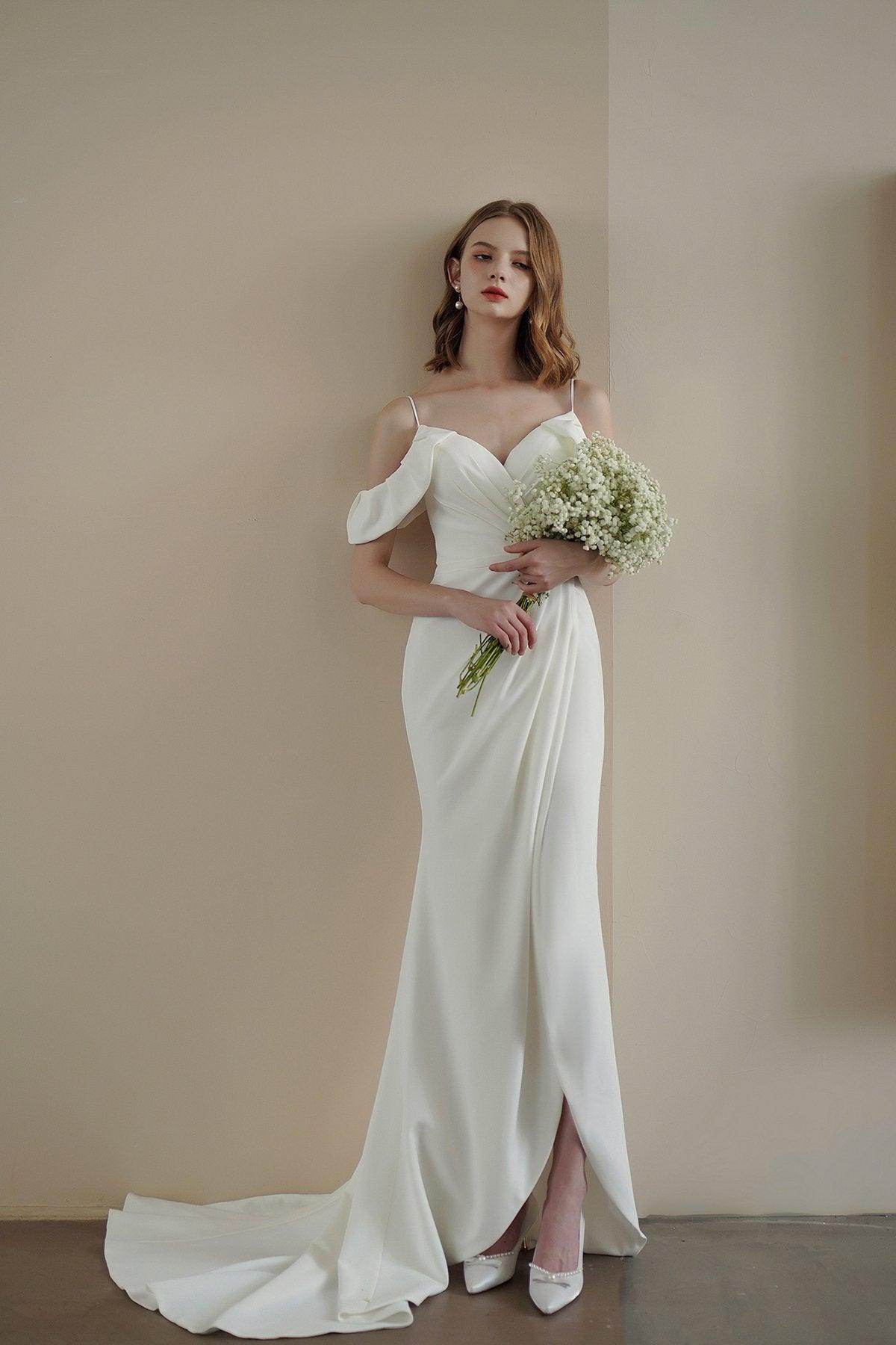 Sheath Sweep-Brush Train Elastic Cloth Wedding Dress CW3215 - COCOMELODY