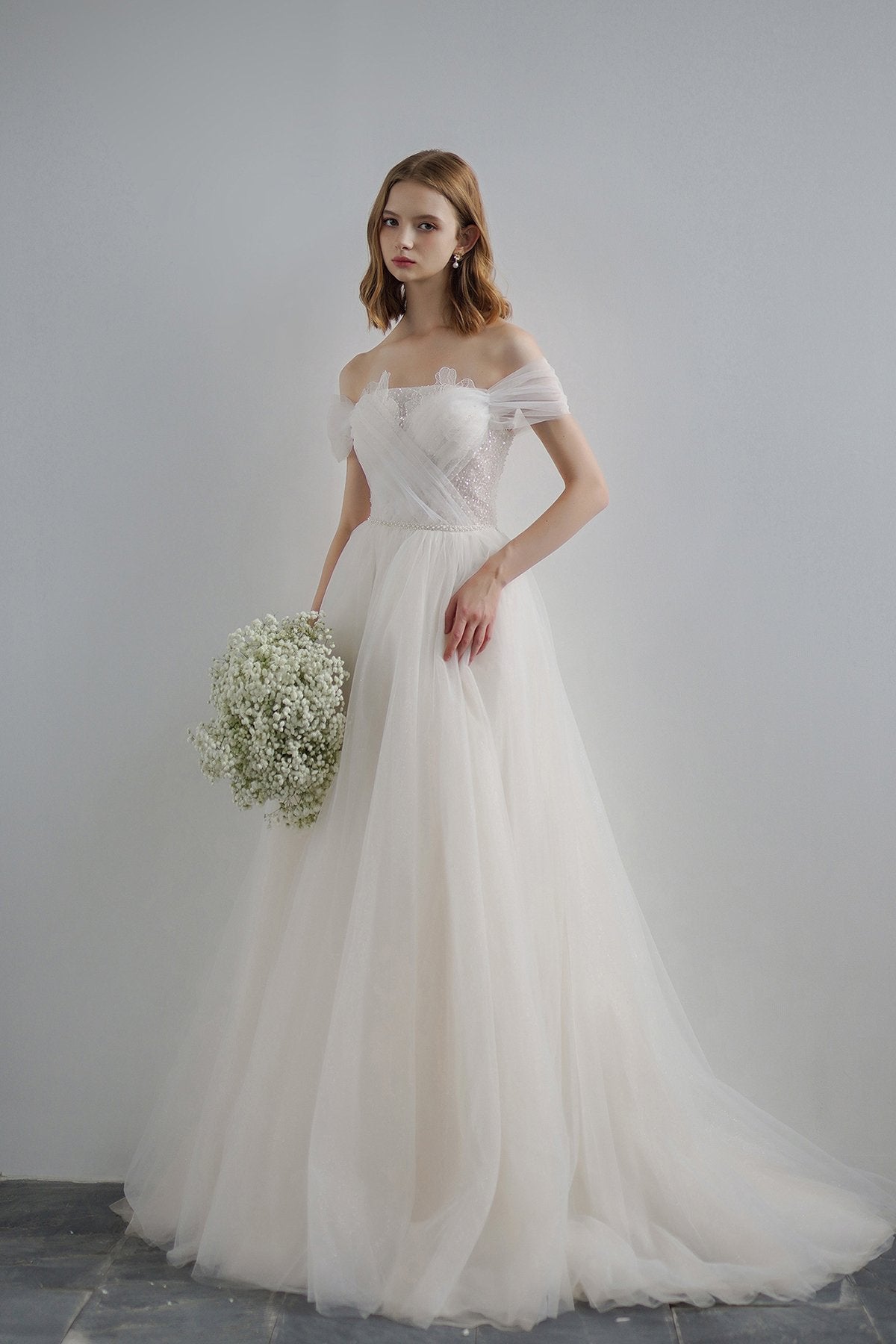 A-Line Sweep-Brush Train Lace Tulle Wedding Dress CW3220