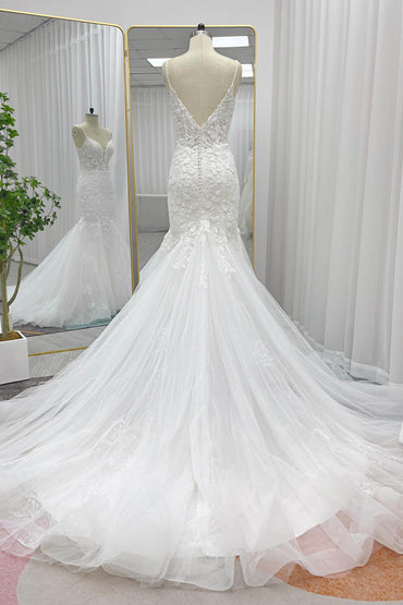 Trumpet-Mermaid Chapel Train Lace Tulle Wedding Dress CW3228 - COCOMELODY