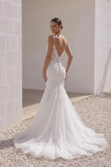 Trumpet-Mermaid Chapel Train Lace Tulle Wedding Dress CW3228 - 45 Days / As Picture:Ivory/Nude / US0-UK2-EUR30 - COCOMELODY
