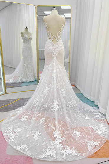 Trumpet-Mermaid Chapel Train Lace Tulle Wedding Dress CW3230 - COCOMELODY