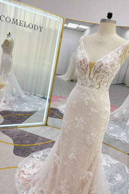 Trumpet-Mermaid Chapel Train Lace Tulle Wedding Dress CW3230