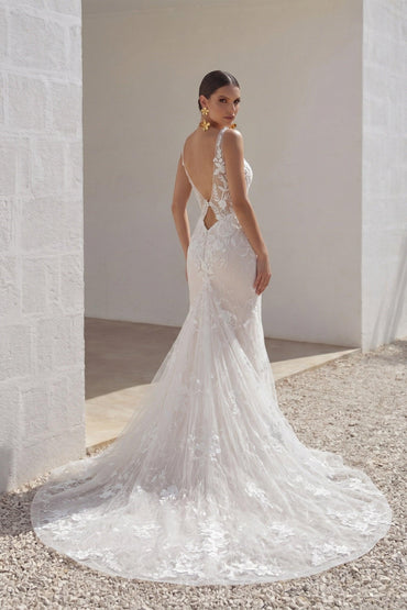 Trumpet-Mermaid Chapel Train Lace Tulle Wedding Dress CW3230 - 45 Days / As Picture:Ivory/Nude / US0-UK2-EUR30 - COCOMELODY