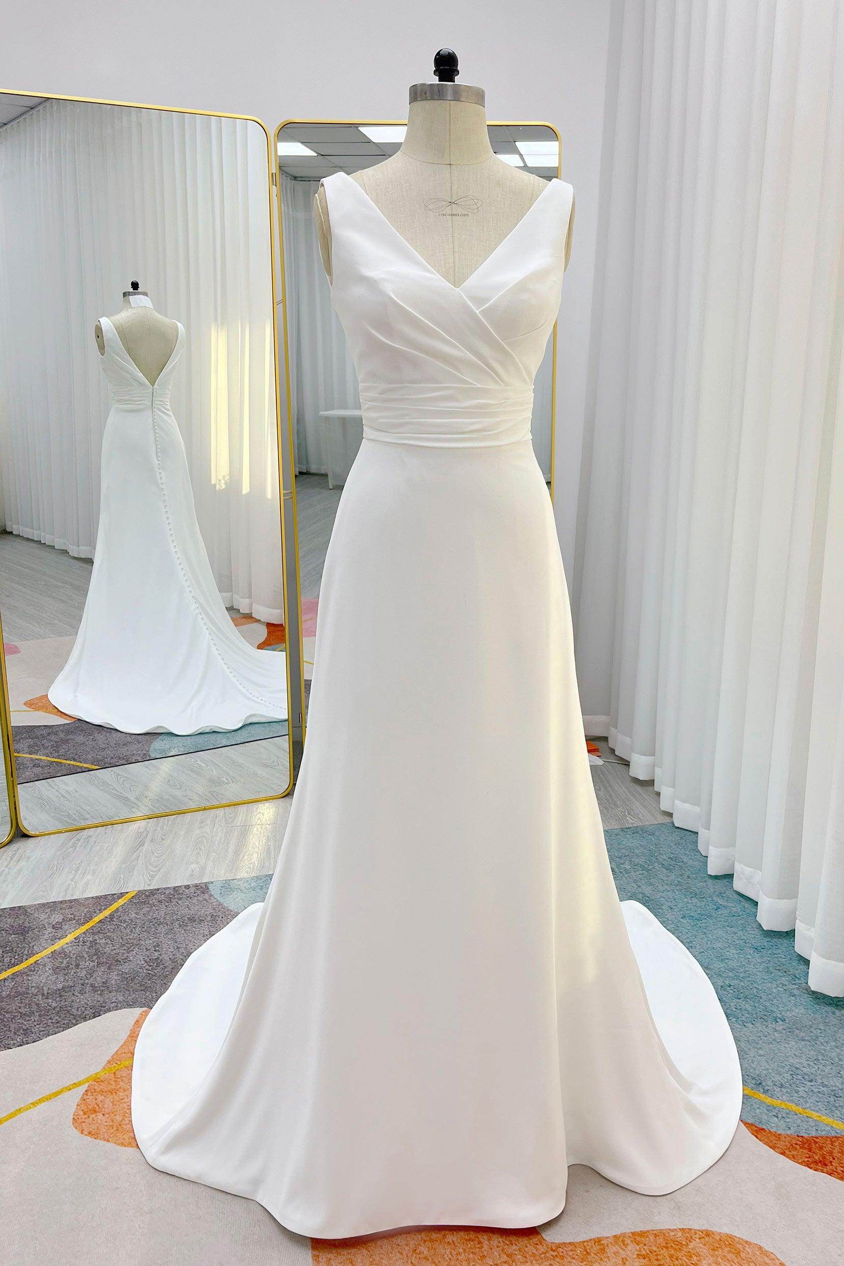 A-Line V-Neck Natural Court Train Crepe Wedding Dress COCOMELODY CW3231, 35 Days / Ivory / US20-UK22-EUR50 A-Line V-Neck Natural Court Train Crepe Wedding Dress COCOMELODY CW3231, 35 Days / Ivory / US20-UK22-EUR50
