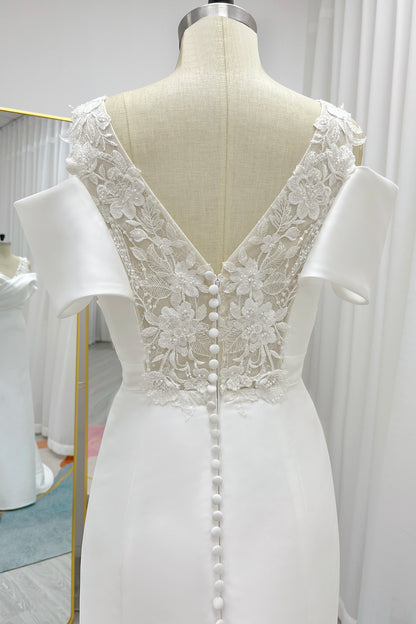 Sheath-Column Court Train Mikado Lace Wedding Dress CW3233