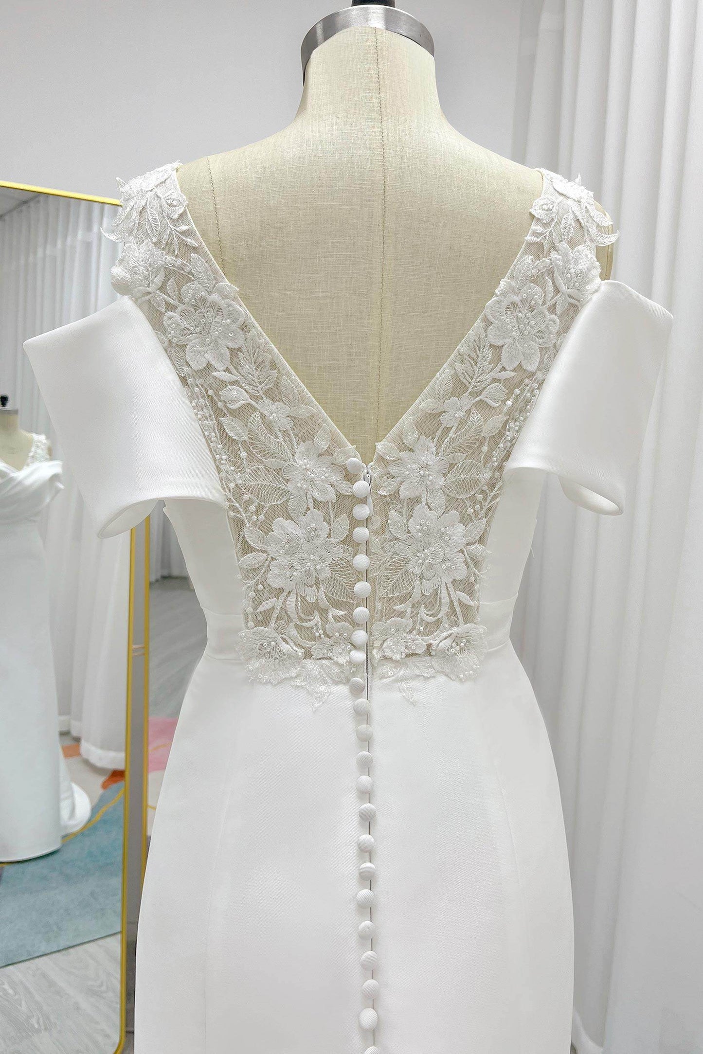 Sheath-Column Court Train Mikado Lace Wedding Dress CW3233 - COCOMELODY