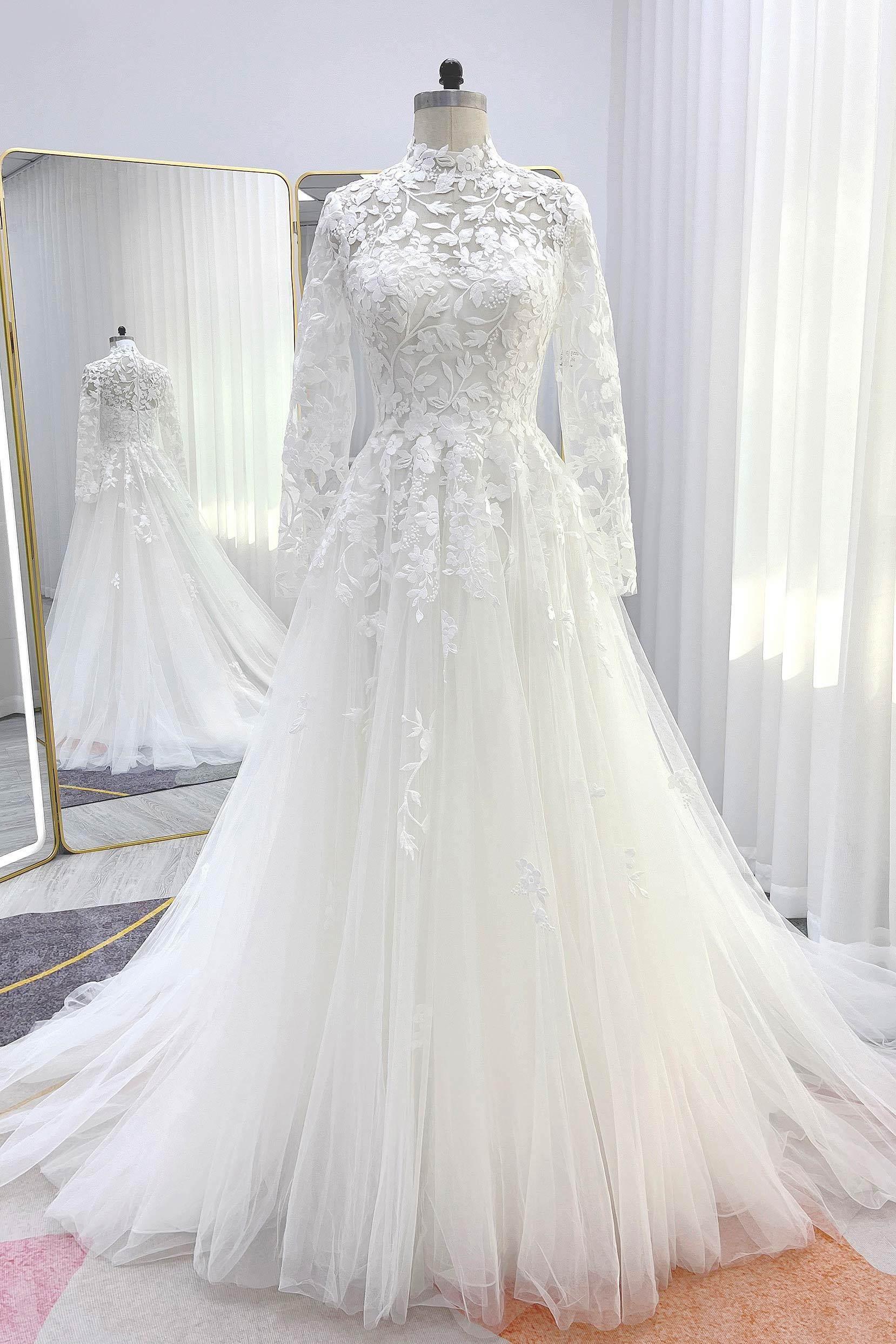 3D Floral Lace Tulle A-Line Wedding Dress with High Neck Long Sleeves COCOMELODY CW3234, 45 Days / Black / US18-UK20-EUR48 3D Floral Lace Tulle A-Line Wedding Dress with High Neck Long Sleeves COCOMELODY CW3234, 45 Days / Black / US18-UK20-EUR48