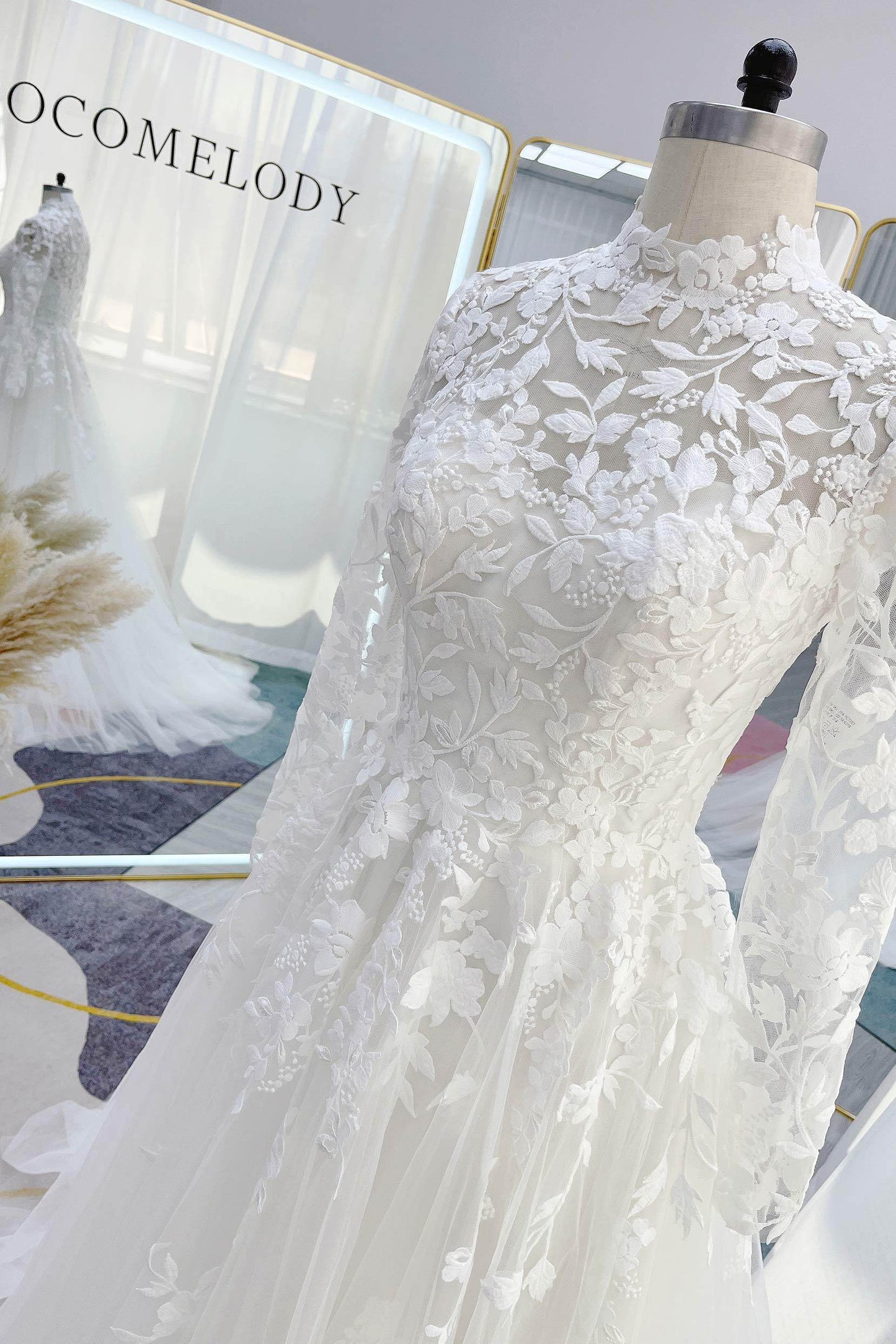 A-Line Court Train Lace Tulle Wedding Dress CW3234 - COCOMELODY
