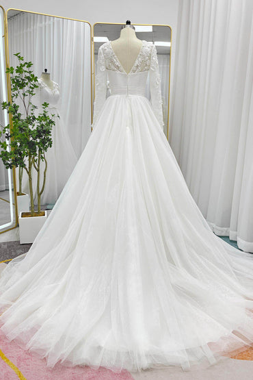 A-Line Chapel Train Mikado Lace Wedding Dress CW3236 - COCOMELODY