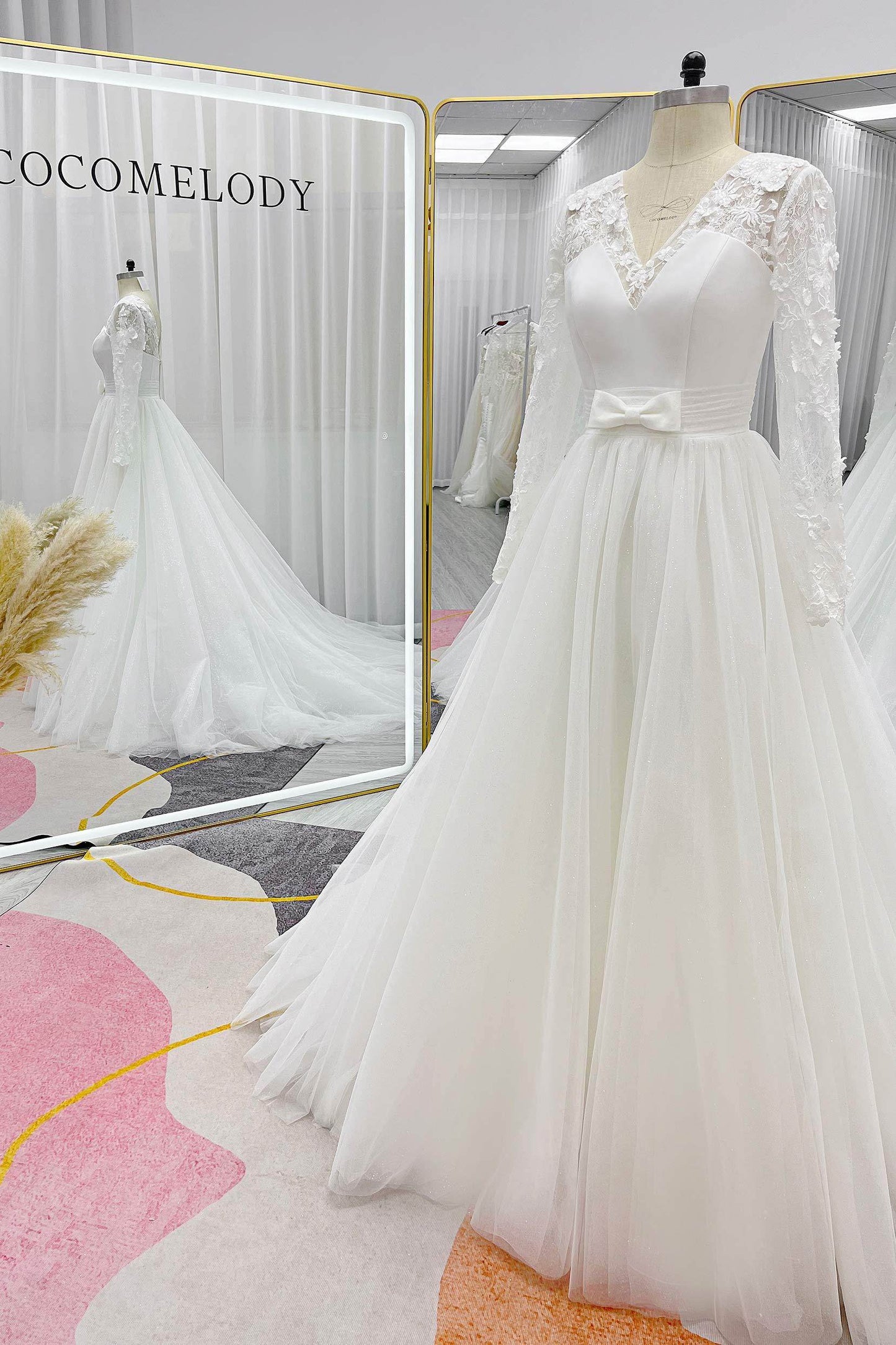 A-Line Chapel Train Mikado Lace Wedding Dress CW3236 - COCOMELODY