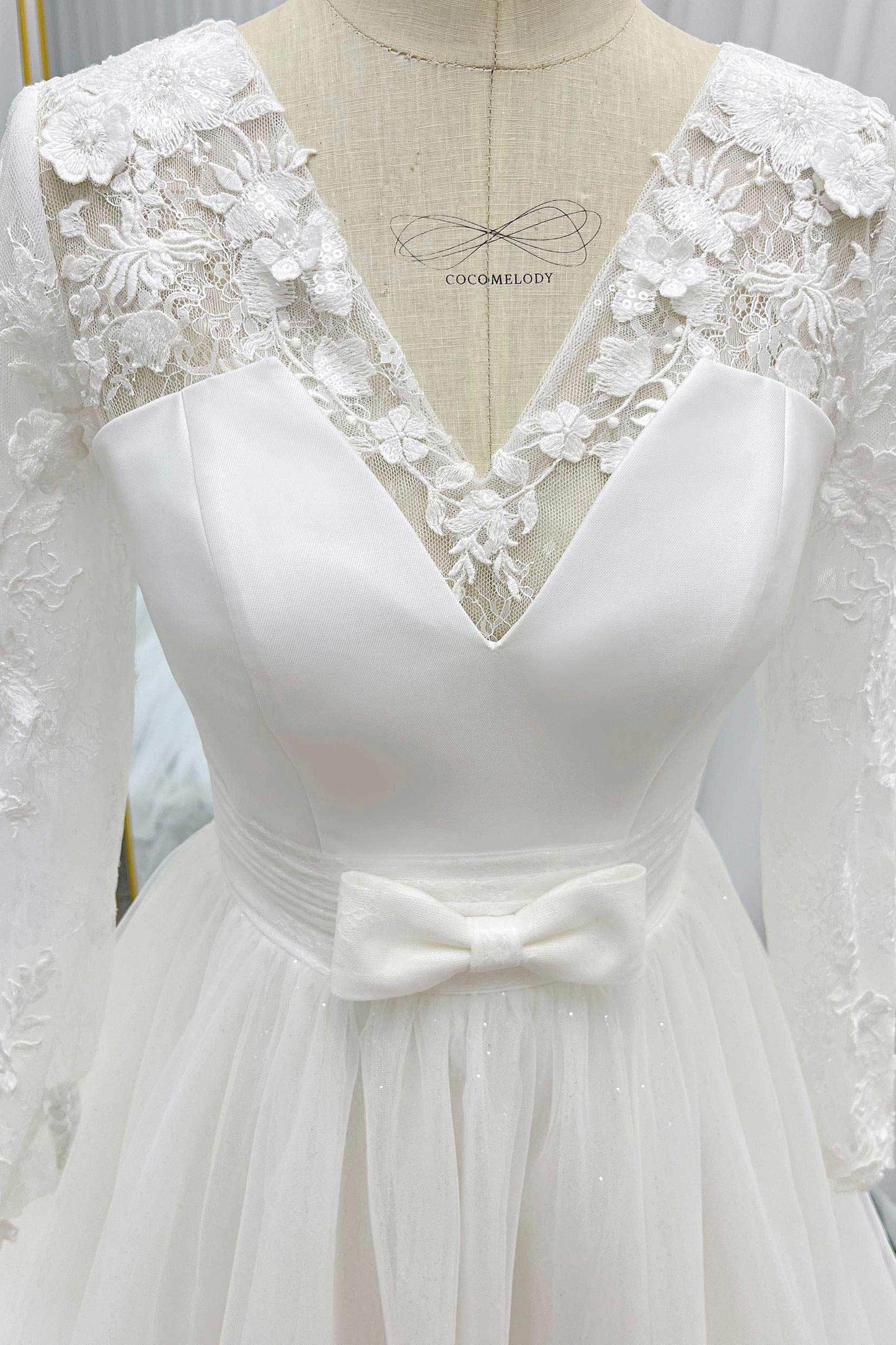 A-Line Chapel Train Mikado Lace Wedding Dress CW3236 - COCOMELODY