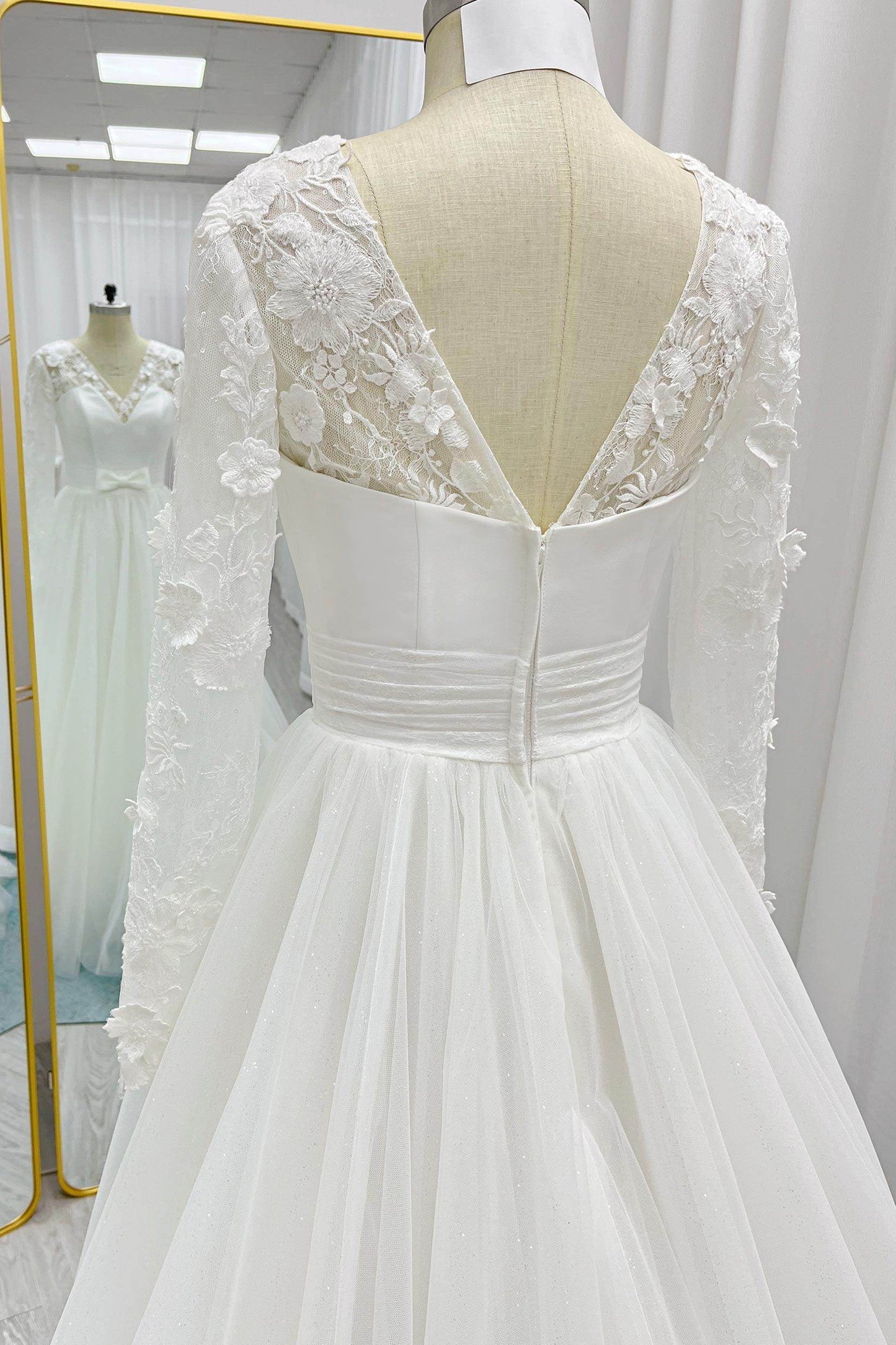 A-Line Chapel Train Mikado Lace Wedding Dress CW3236 - COCOMELODY