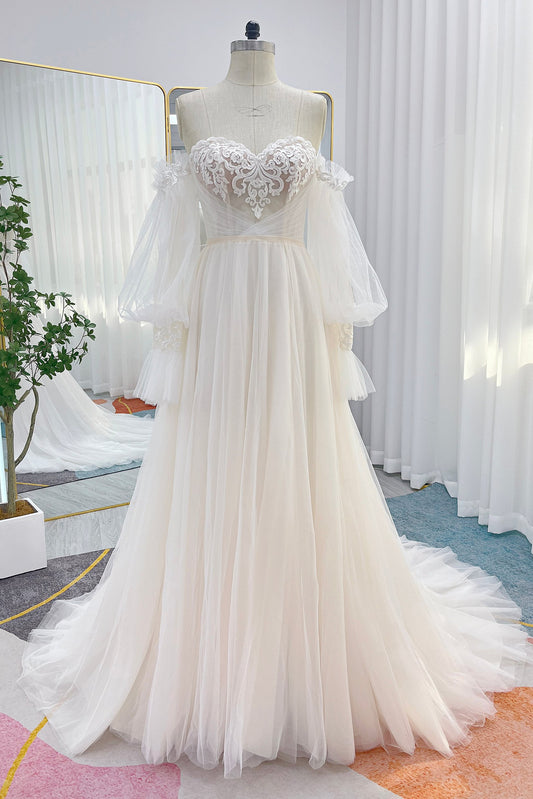 A-Line Court Train Lace Tulle Wedding Dress CW3237