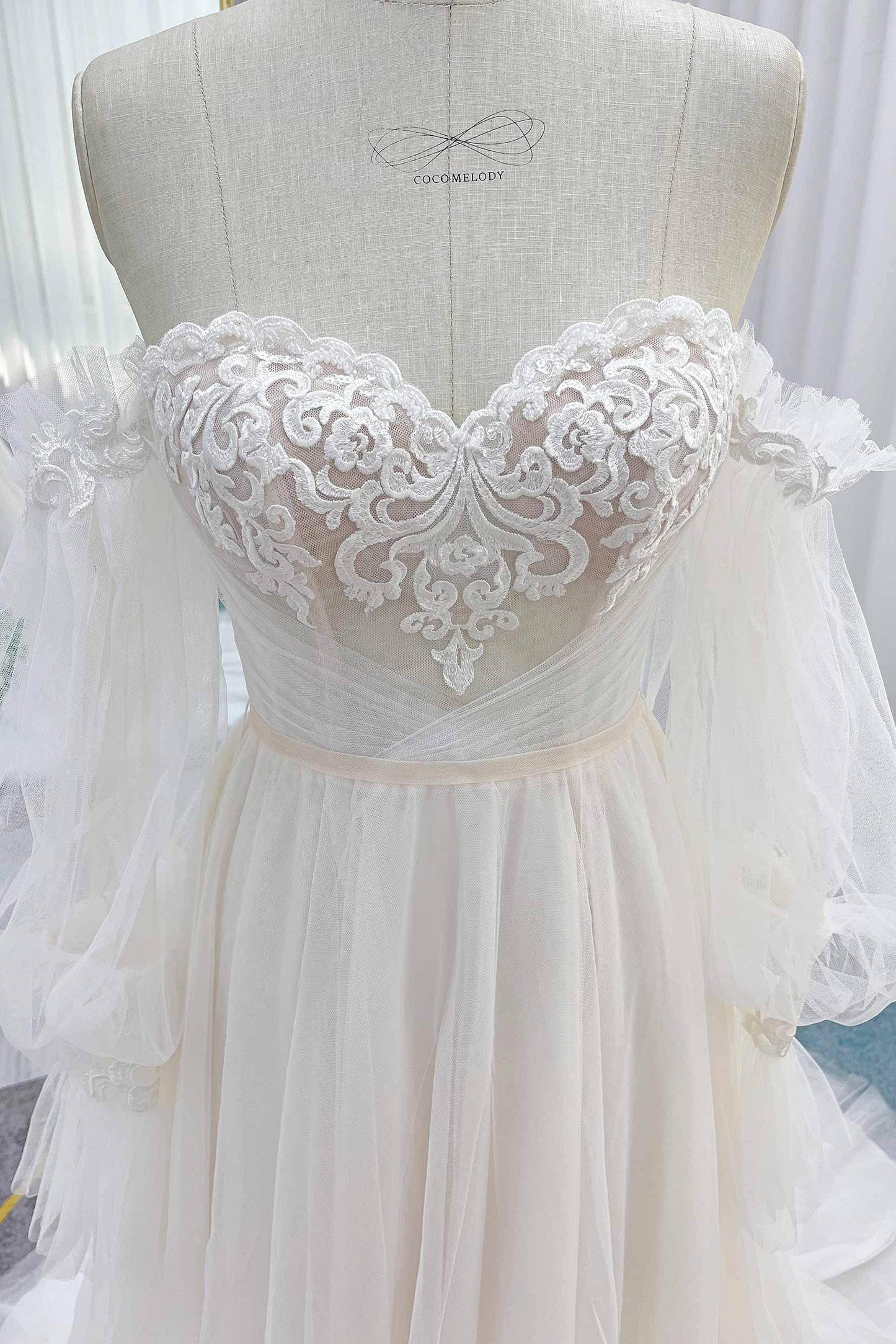 A-Line Court Train Lace Tulle Wedding Dress CW3237 - COCOMELODY
