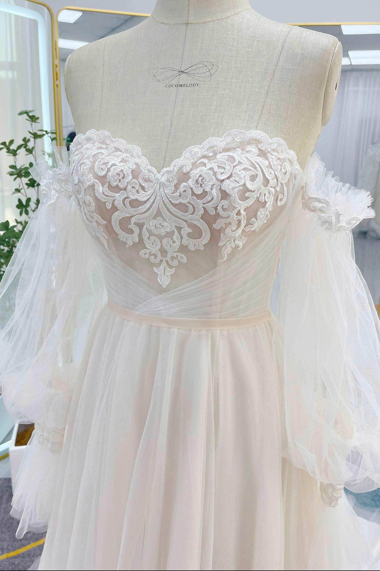 A-Line Court Train Lace Tulle Wedding Dress CW3237 - COCOMELODY