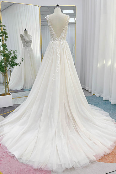 A-Line Court Train Lace Tulle Wedding Dress CW3238CR - COCOMELODY