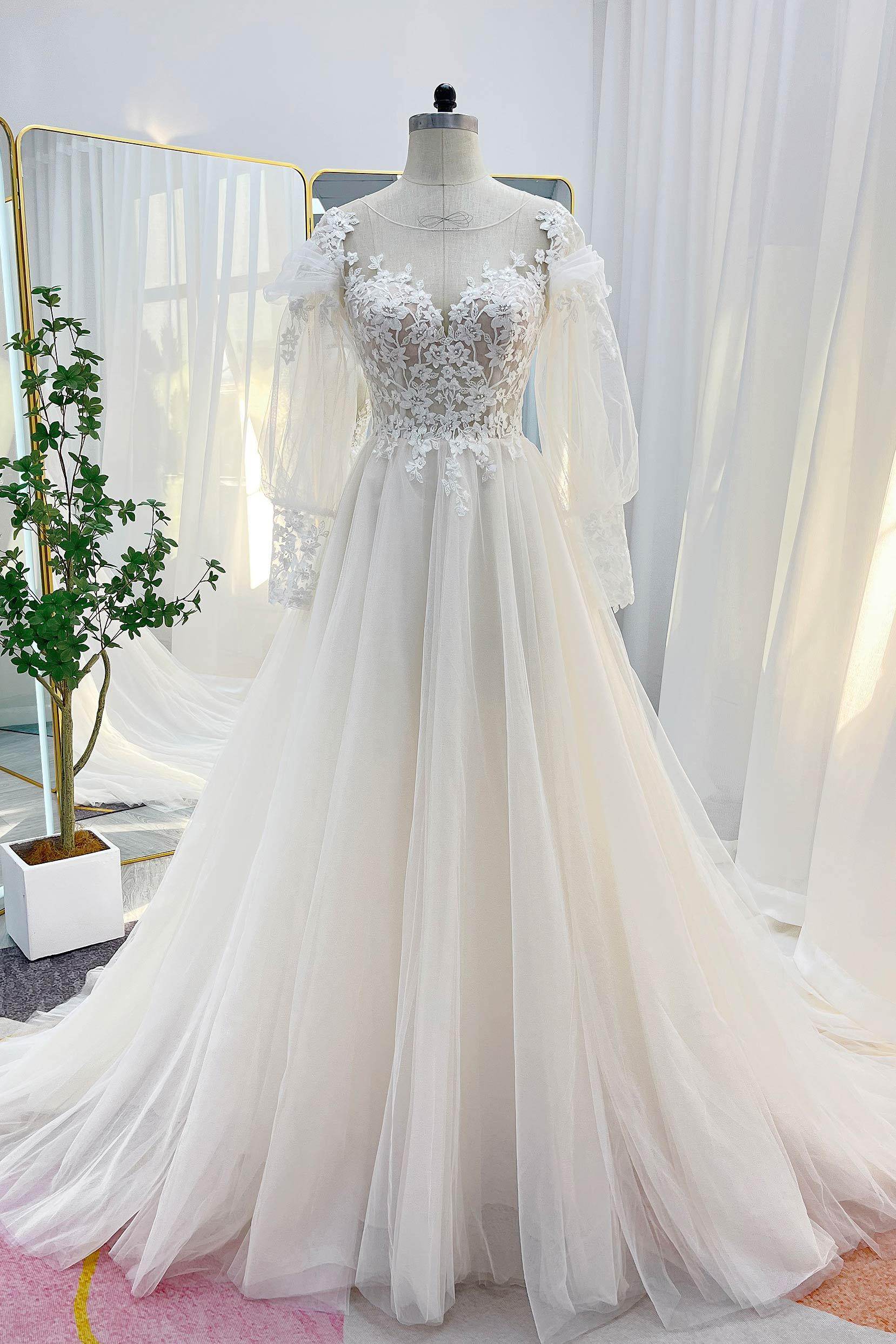 A-Line Chapel Train Lace Tulle Wedding Dress CW3240 - COCOMELODY