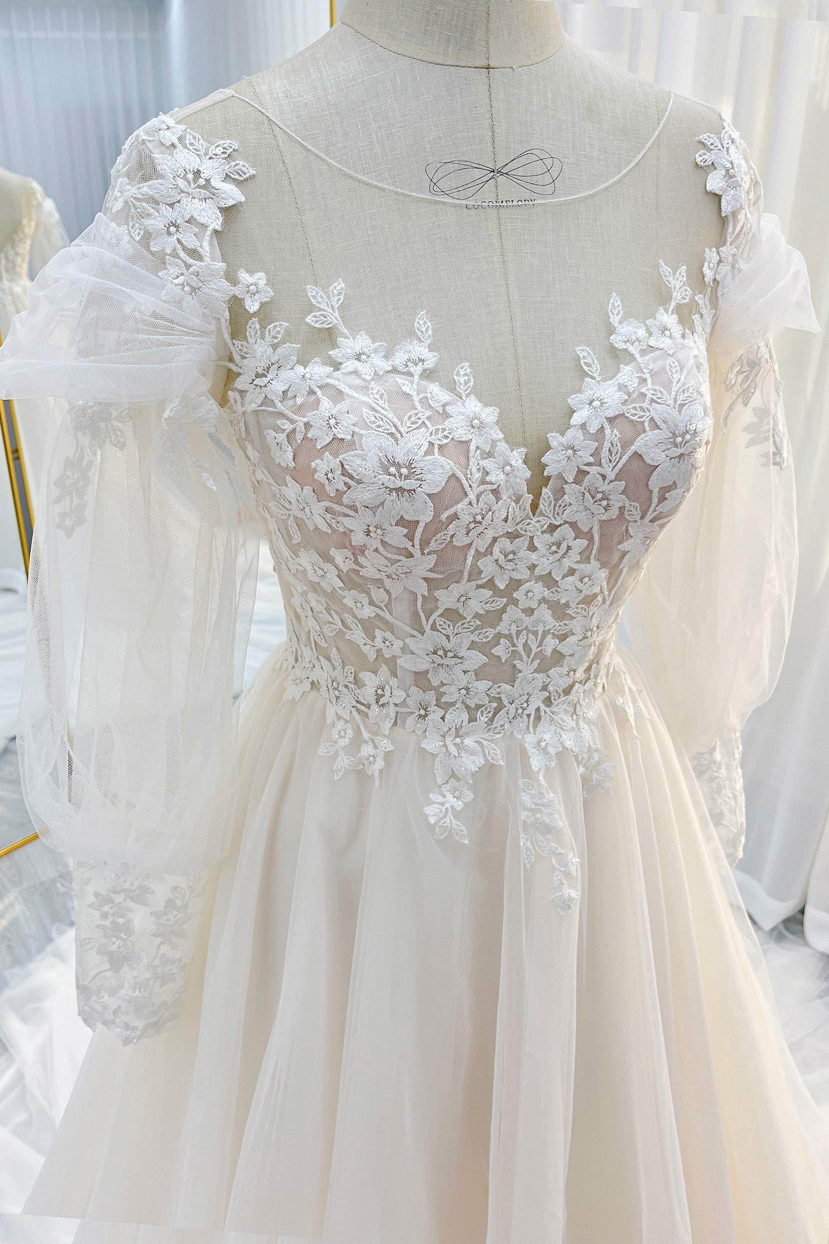 A-Line Chapel Train Lace Tulle Wedding Dress CW3240 - COCOMELODY