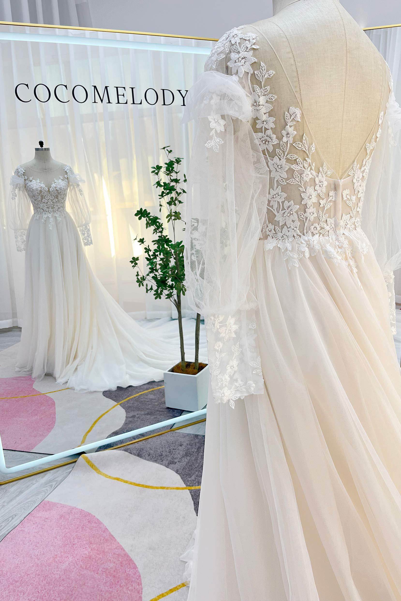 A-Line Chapel Train Lace Tulle Wedding Dress CW3240 - COCOMELODY