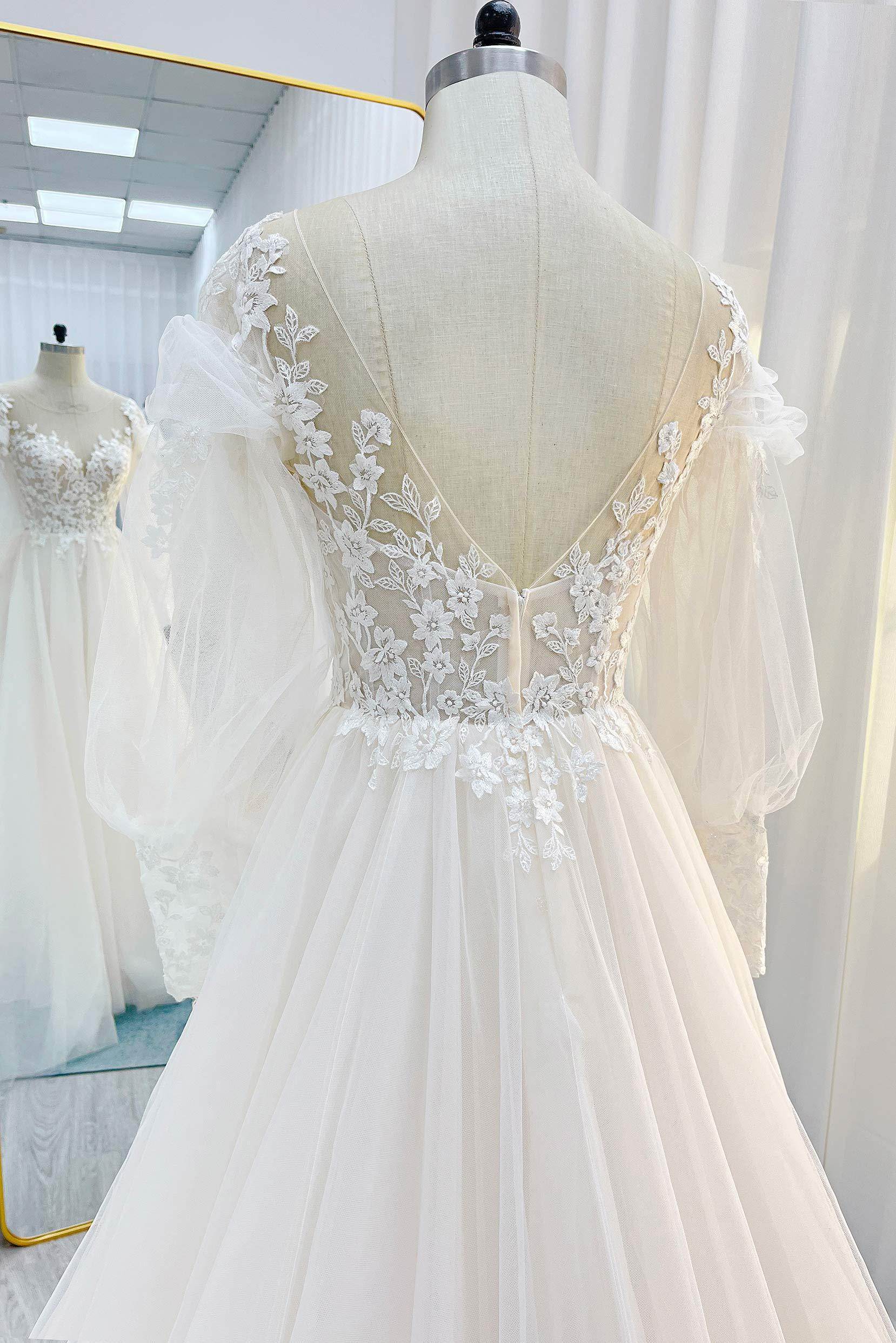 A-Line Chapel Train Lace Tulle Wedding Dress CW3240 - COCOMELODY