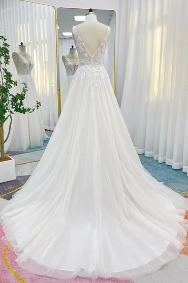 A-Line Chapel Train Lace Tulle Wedding Dress CW3241 - COCOMELODY