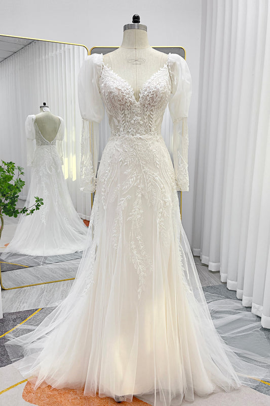 A-Line Court Train Lace Tulle Wedding Dress CW3243