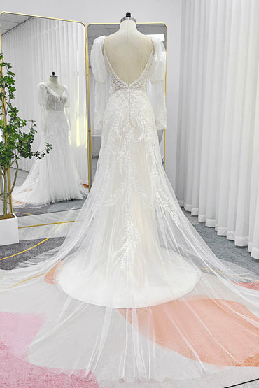 A-Line Court Train Lace Tulle Wedding Dress CW3243 - COCOMELODY