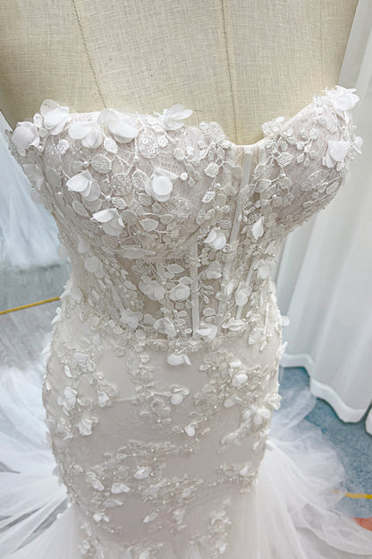 Trumpet-Mermaid Court Train Lace Tulle Wedding Dress CW3244