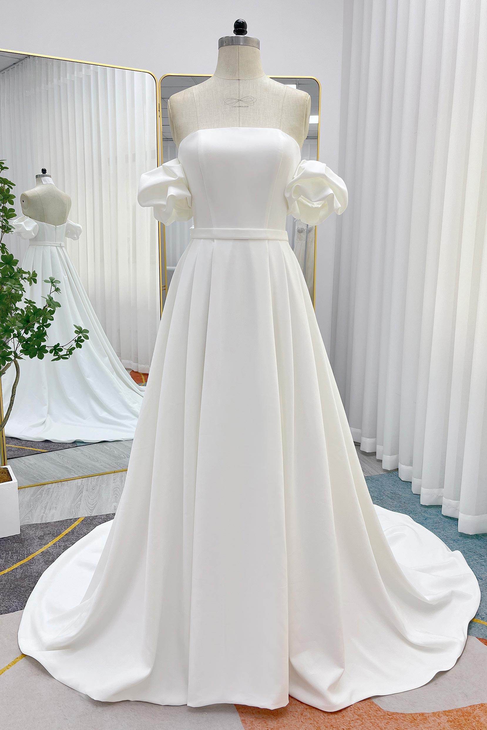 A-Line Strapless Natural Court Train Elastic Cloth Wedding Dress COCOMELODY CW3247, 35 Days / Ivory / US18-UK20-EUR48 A-Line Strapless Natural Court Train Elastic Cloth Wedding Dress COCOMELODY CW3247, 35 Days / Ivory / US18-UK20-EUR48