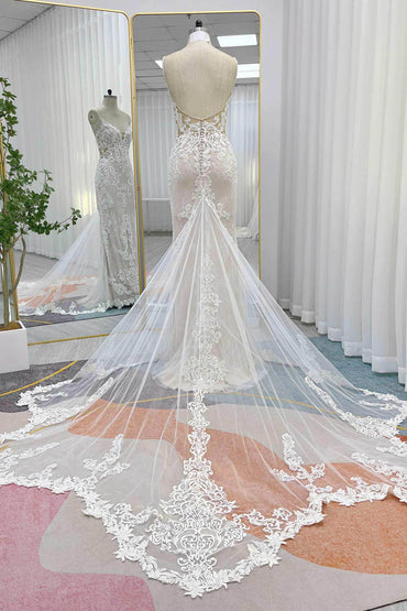 Trumpet-Mermaid Chapel Train Lace Tulle Wedding Dress CW3249 - COCOMELODY