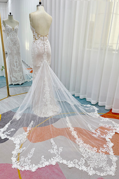 Trumpet-Mermaid Chapel Train Lace Tulle Wedding Dress CW3249