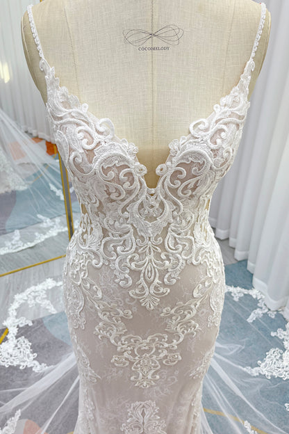 Trumpet-Mermaid Chapel Train Lace Tulle Wedding Dress CW3249