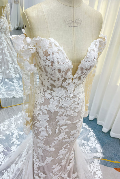 Trumpet-Mermaid Court Train Lace Tulle Wedding Dress CW3250