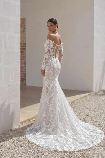 Trumpet-Mermaid Court Train Lace Tulle Wedding Dress CW3250 - 45 Days / As Picture:Ivory/Nude / US0-UK2-EUR30 - COCOMELODY