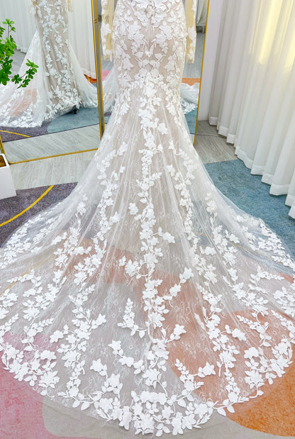 Trumpet-Mermaid Court Train Lace Tulle Wedding Dress CW3250
