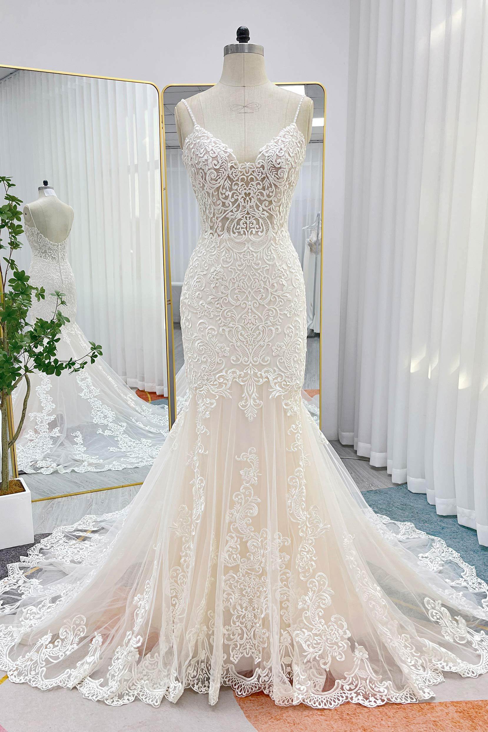 trumpet/mermaid v-neck court train tulle lace wedding dress Mermaid V-Neck Natural Court Train Lace Tulle Wedding Dress COCOMELODY CW3144, 45 Days / As Picture:Ivory/Nude / US8-UK10-EUR38